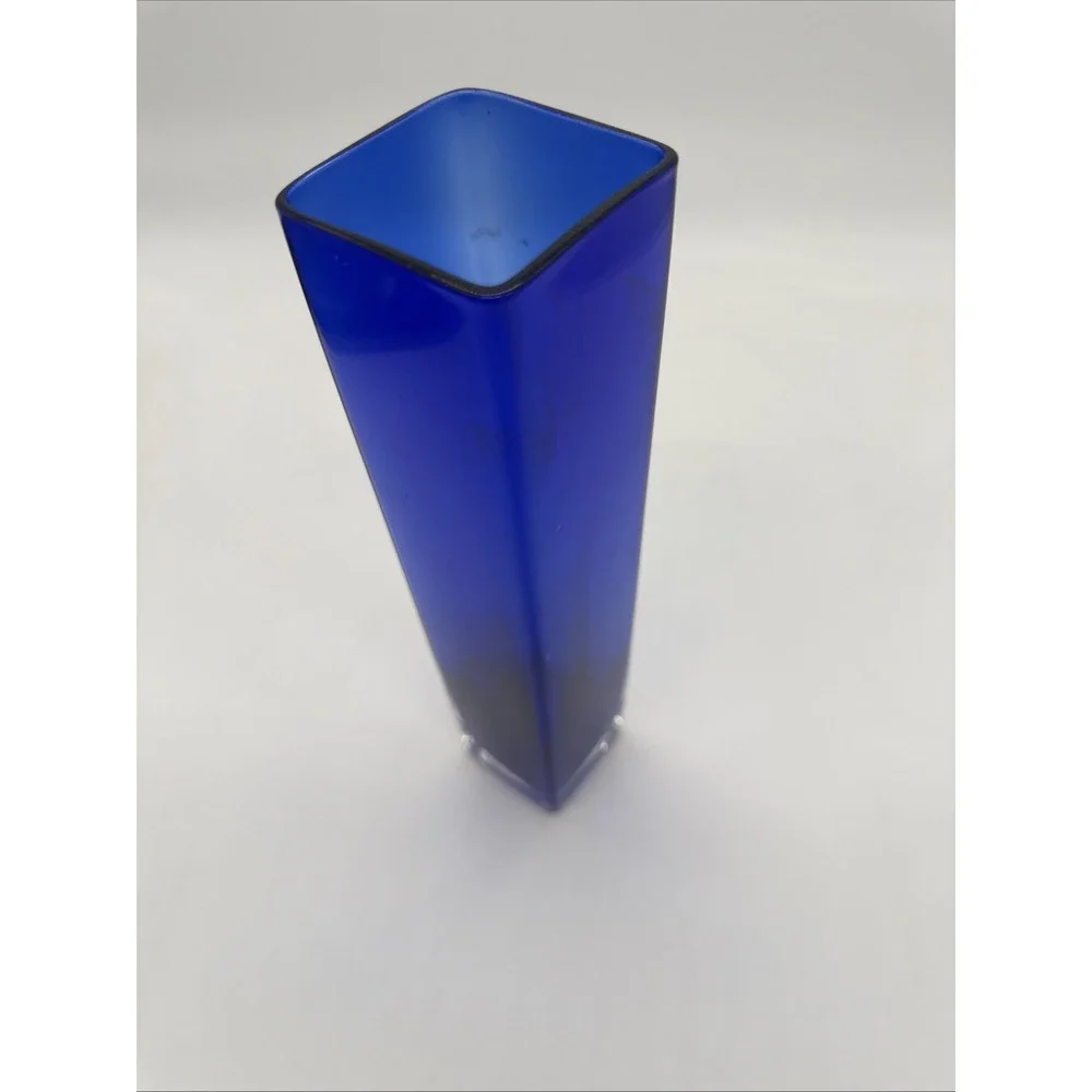 VTG Mid Century Modern MCM COBALT BLUE Rectangular VASE Clear Square Base 10
